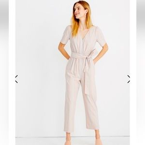 Madewell Linen Puff Sleeve Tapered Striped Short Sleeve Jumpsuit